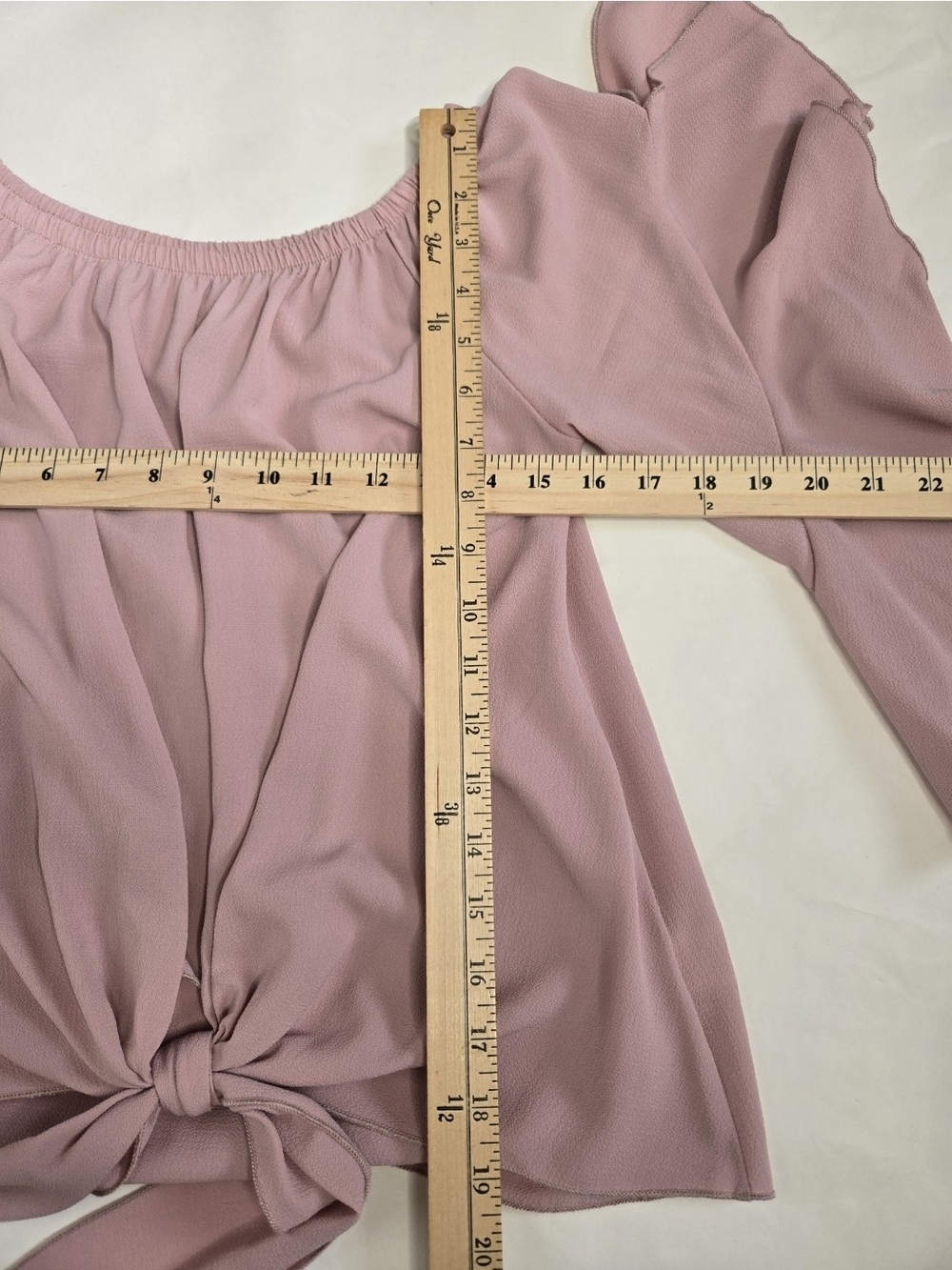 Pink Off The Shoulder Blouse Cascading Ruffle Sleeve Tie Front Dusty Rose - S - Picture 9 of 10